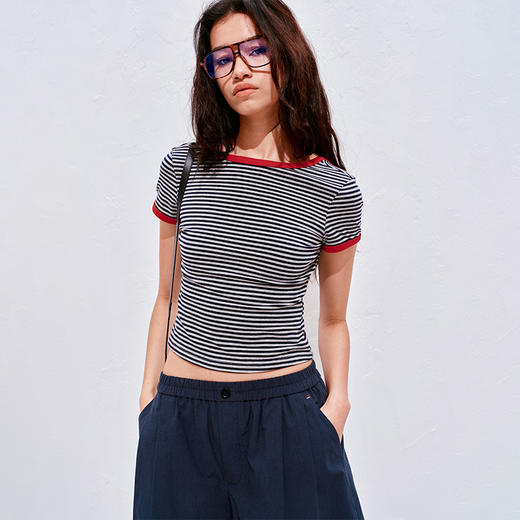 NUTH复古条纹撞色露背圆领修身短袖T恤女 商品图1