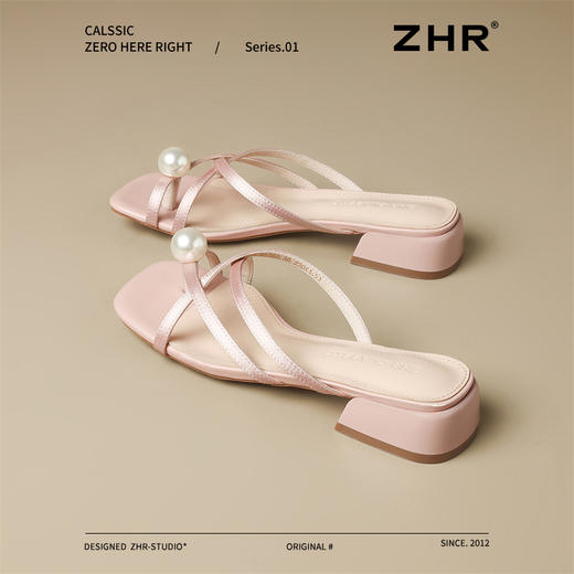 ZHR法式方头粗跟珍珠夹趾凉拖鞋女夏外穿缎面细带新款百搭罗马鞋 商品图1