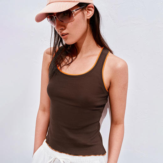 NUTH俏皮假两件吊带撞色边弹力修身吊带工字背心女 粉色/棕咖色 商品图2