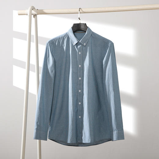 简约纯色细格纹衬衫 棉质休闲商务通勤长袖衬衣 商品图2