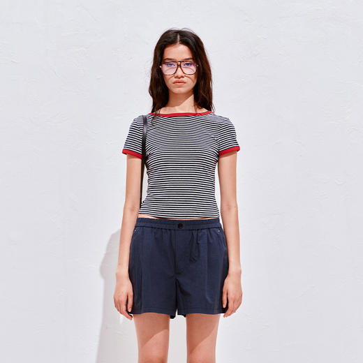 NUTH复古条纹撞色露背圆领修身短袖T恤女 商品图5