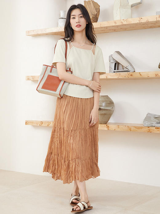 松紧腰百褶半身裙女2025年夏季新款垂感飘逸设计感A字中长裙 商品图1