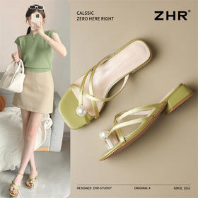 ZHR法式方头粗跟珍珠夹趾凉拖鞋女夏外穿缎面细带新款百搭罗马鞋