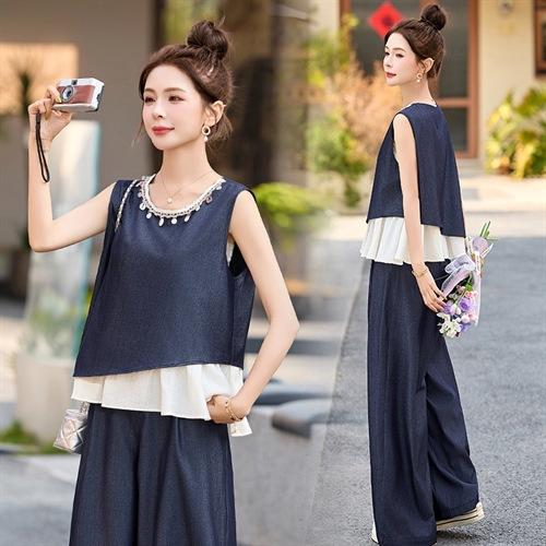 新中式国风牛仔套装2025新款夏季背心马甲休闲减龄阔腿裤两件套ASLZ2588 商品图0