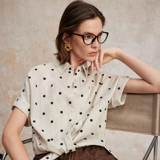 C+IMPRESS/西嘉南法假日博主风全亚麻衬衫女夏季波点短袖宽松衬衣CS2502072 商品图2
