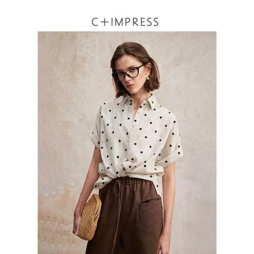 C+IMPRESS/西嘉南法假日博主风全亚麻衬衫女夏季波点短袖宽松衬衣CS2502072 商品图1