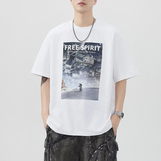 夏季短袖T恤男士重磅潮牌宽松休闲纯棉体恤白墨透气印花    AY-az8108 商品图0