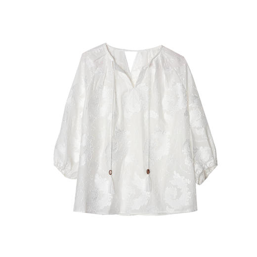 
西嘉原创设计 法式浪漫度假风衬衫花卉提花V领七分泡泡袖上衣女夏CS2502081 商品图4