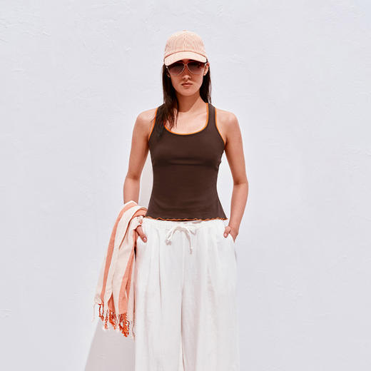 NUTH俏皮假两件吊带撞色边弹力修身吊带工字背心女 粉色/棕咖色 商品图6