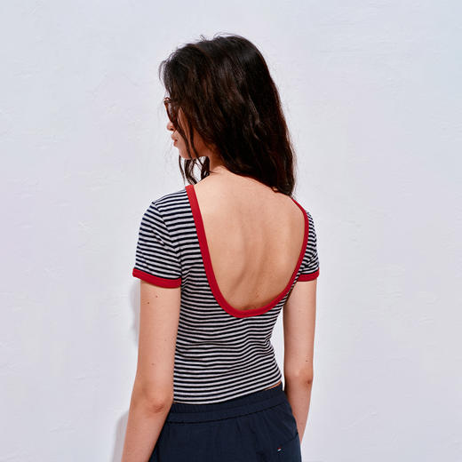 NUTH复古条纹撞色露背圆领修身短袖T恤女 商品图0