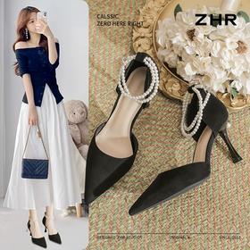 ZHR则则时尚百搭珍珠尖头绒面高跟鞋女2025新款法式气质一字单鞋