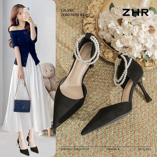 ZHR则则时尚百搭珍珠尖头绒面高跟鞋女2025新款法式气质一字单鞋 商品图0