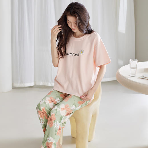 自然醒桃气家居服睡衣女款夏季纯棉短袖长裤少女夏家居服全棉套装QH 商品图3
