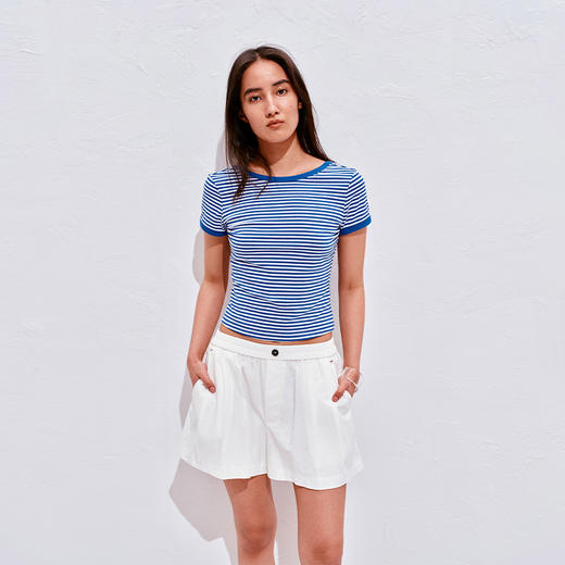 NUTH复古条纹撞色露背圆领修身短袖T恤女 商品图4