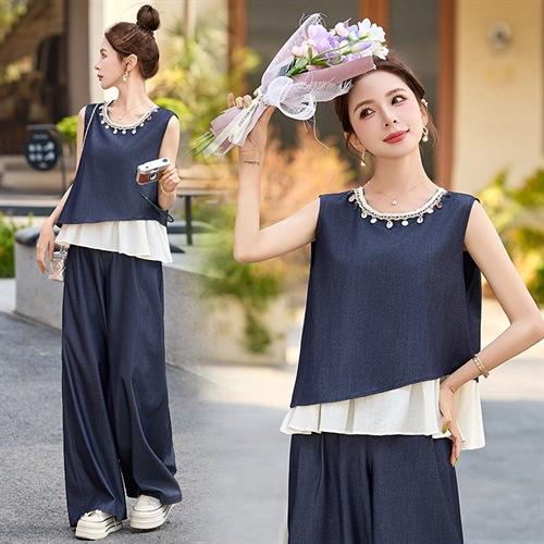 新中式国风牛仔套装2025新款夏季背心马甲休闲减龄阔腿裤两件套ASLZ2588 商品图3