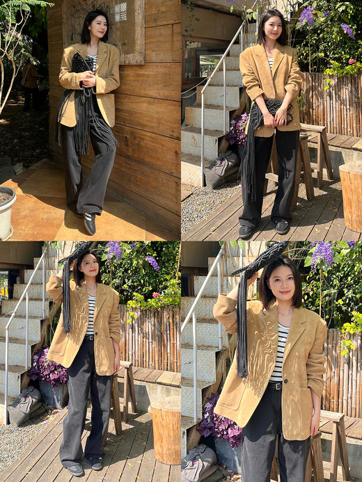 HIDEMI 麂皮大廓形极简西装皮衣阔腿裤套装 商品图4