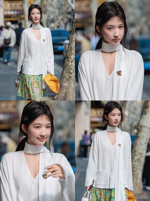 HIDEMI甄选进口纯棉纱线极简围巾T恤设计感V领口袋长袖纽扣衬衫女 商品图2