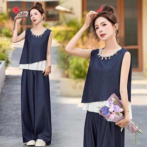新中式国风牛仔套装2025新款夏季背心马甲休闲减龄阔腿裤两件套ASLZ2588 商品图1