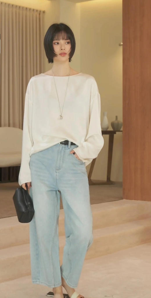 【高品质私服】【KG双面缎三醋酸一字领长袖T恤】随性慵懒廓形柔美舒适，舒适亲肤G1346-CC【无标出货 介意慎拍】 商品图1