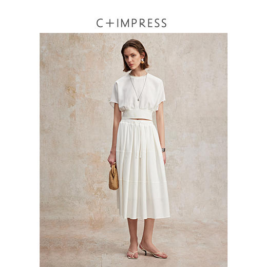 南法假日醋酸仿麻拼接罗纹简约短上衣/分割设计伞裙2025夏T2502018 商品图3