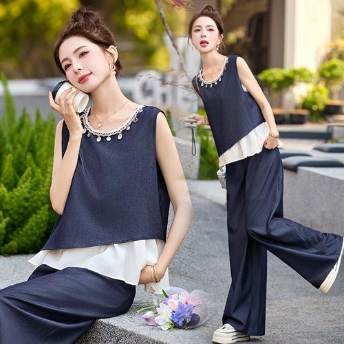 新中式国风牛仔套装2025新款夏季背心马甲休闲减龄阔腿裤两件套ASLZ2588 商品图2