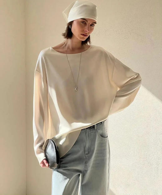 【高品质私服】【KG双面缎三醋酸一字领长袖T恤】随性慵懒廓形柔美舒适，舒适亲肤G1346-CC【无标出货 介意慎拍】 商品图0