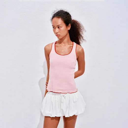 NUTH俏皮假两件吊带撞色边弹力修身吊带工字背心女 粉色/棕咖色 商品图3