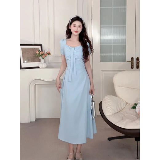 【6折秒杀】鹿向南夏季新款法式温柔蝴蝶结连衣裙女设计感高腰显瘦短袖长裙子DYL661832 商品图1