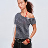 NUTH条纹斜肩宽松露肩短袖T恤女 商品缩略图0