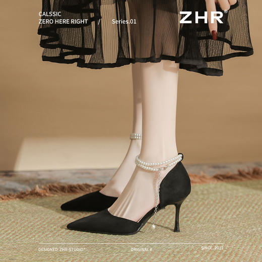 ZHR则则时尚百搭珍珠尖头绒面高跟鞋女2025新款法式气质一字单鞋 商品图7