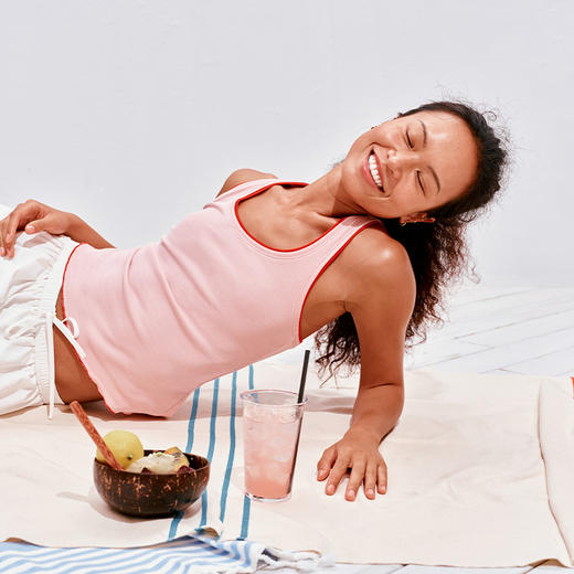 NUTH俏皮假两件吊带撞色边弹力修身吊带工字背心女 粉色/棕咖色 商品图1