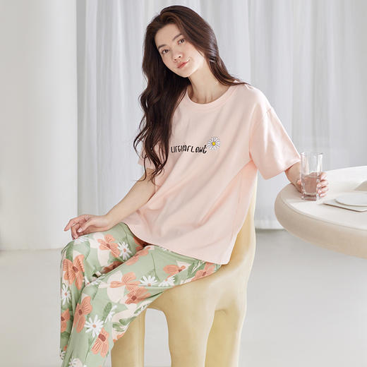 自然醒桃气家居服睡衣女款夏季纯棉短袖长裤少女夏家居服全棉套装QH 商品图0