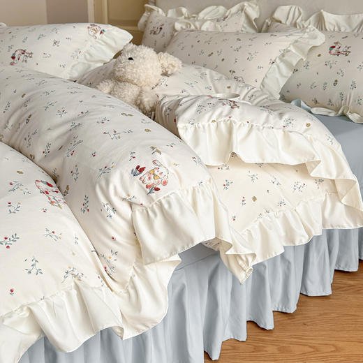 【5折购】舒氧°柔糯棉公主花边床裙款四件套 四季可用柔软透气套件 商品图1