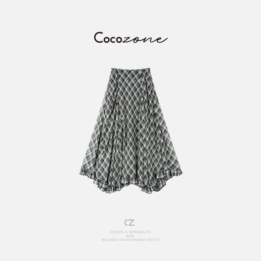 COCO ZONE 刘一一  复古格纹斜裁荷叶边半身裙CD2A0771 商品图0
