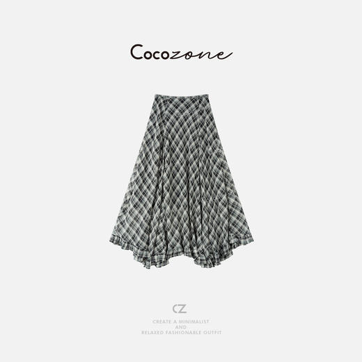 COCO ZONE 刘一一  复古格纹斜裁荷叶边半身裙CD2A0771 商品图1