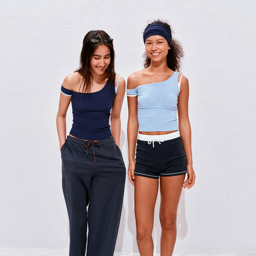 NUTH撞色斜肩假两件弹力针织吊带上衣女 商品图0