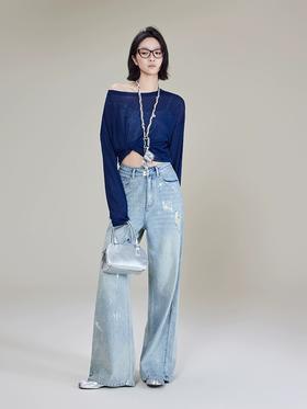 美洋春夏款海盐气泡丹宁回潮直筒小阔腿牛仔裤