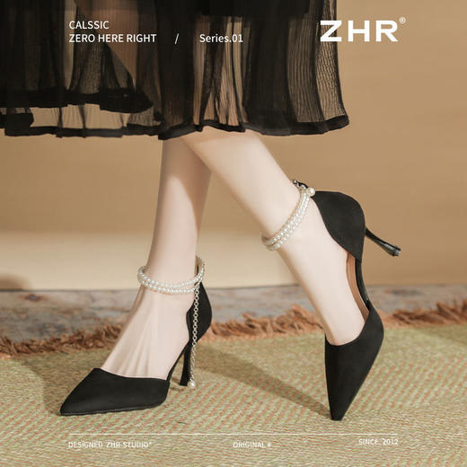 ZHR则则时尚百搭珍珠尖头绒面高跟鞋女2025新款法式气质一字单鞋 商品图1
