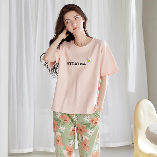 自然醒桃气家居服睡衣女款夏季纯棉短袖长裤少女夏家居服全棉套装QH 商品图1
