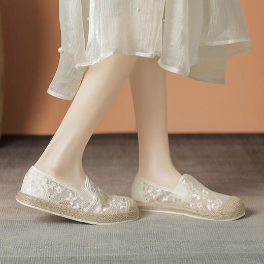 ZHR渔夫鞋女新款夏季2025小香风蕾丝平底单鞋网面透气商场同款 商品图3