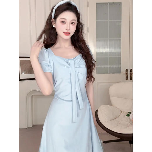 【6折秒杀】鹿向南夏季新款法式温柔蝴蝶结连衣裙女设计感高腰显瘦短袖长裙子DYL661832 商品图0