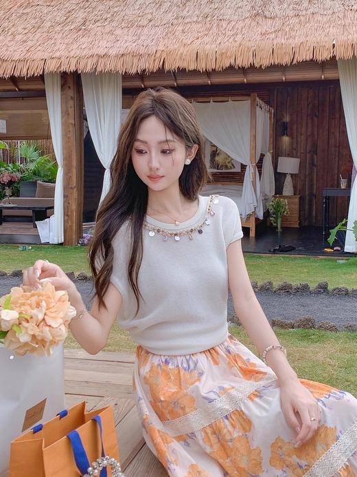 张心子【假日时光】气质显瘦弹力针织衫亮片织带上衣 U2504093 商品图7