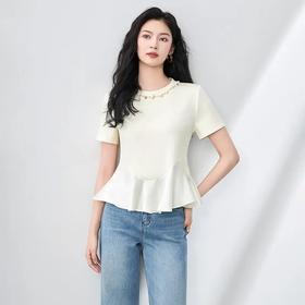 【高货wl】全新升级【铂金会员201/天猫269/差价68】(01645) 洛诗琳法式时髦重工钉钻圆领短袖T女夏新款下摆荷叶边上衣