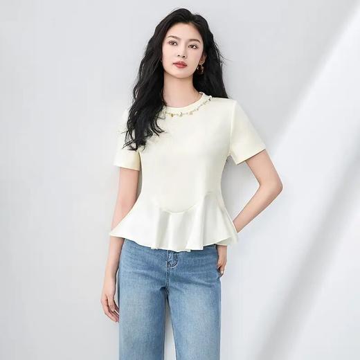 【高货wl】全新升级【铂金会员201/天猫269/差价68】(01645) 洛诗琳法式时髦重工钉钻圆领短袖T女夏新款下摆荷叶边上衣 商品图0