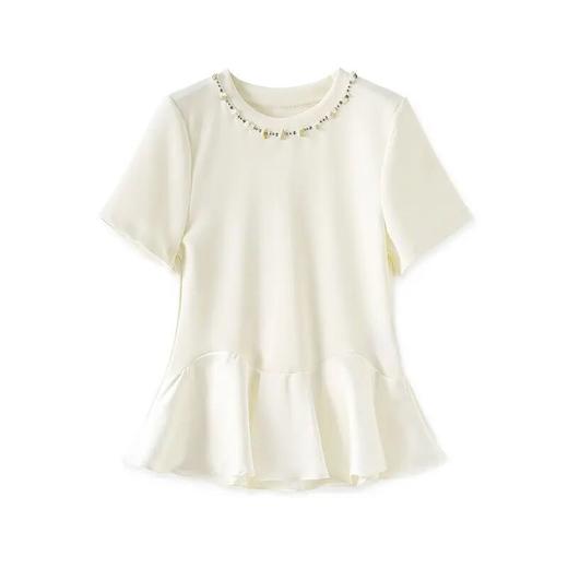 【高货wl】全新升级【铂金会员201/天猫269/差价68】(01645) 洛诗琳法式时髦重工钉钻圆领短袖T女夏新款下摆荷叶边上衣 商品图4