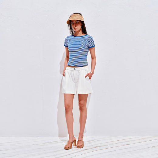 NUTH复古条纹撞色露背圆领修身短袖T恤女 商品图3