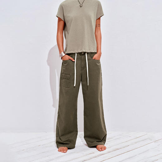 NUTH宽松直筒水洗做旧感可调节抽绳束脚工装裤女 商品图4