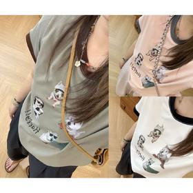 2025新品  佳佳同款【快乐小狗】狗狗设计感撞色短款T恤时尚休闲宽松圆领卡通