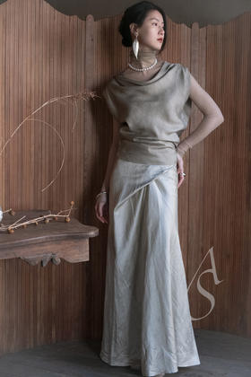 Cortana  鼠尾草绿PAZ缎光围裹式半裙