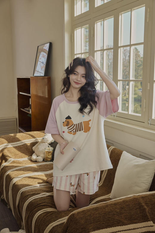 💕 【Guk*o果壳同款｜自带胸垫免穿bra的卡通甜美撞色睡衣套装】🌿｜下楼扔垃圾&朋友突然到访都不用换衣服了❗️ 🛒清新配色+拼接撞色+卡通图案·甜妹气质轻松拿捏 商品图5